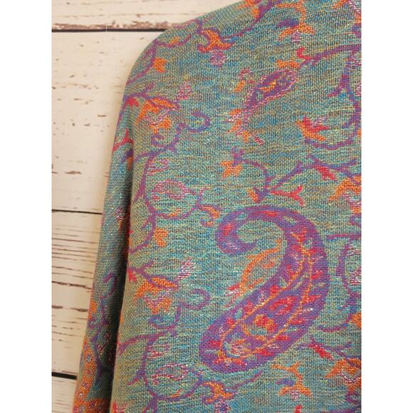 Reversible Fringe Shawl Scarf Pink Blue Paisley Metallic Thread Women's 28"x68" - Picture 6 of 10